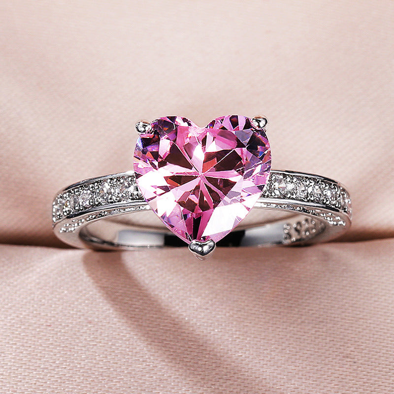 Wholesale Inlaid Heart Shape Pink Diamond Zircon Ring OLY-RS-Caoshi001